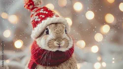 Cheerful bunny celebrating holiday season, Cute rabbit with holiday spirit.