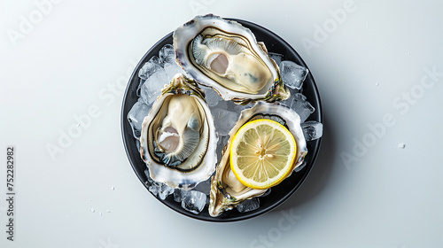 Fresh Oysters with Lemon and Ice on Plate