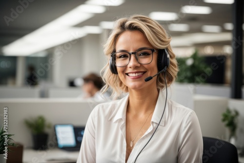 blonde woman in white blouse and glasses, smiling while talking on headset