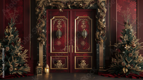 A high-fidelity 8K picture of 3D double doors accented with Christmas lanterns and obsidian engravings, against a rich burgundy background
