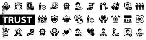 Trust 33 icon set. Promise, trustworthy, friends, truth, faith, sincerity, integrity, trust, reliable, authentic, commitment, regard, reputation and more. Vector illustration photo