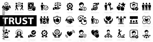 Trust 33 icon set. Promise, trustworthy, friends, truth, faith, sincerity, integrity, trust, reliable, authentic, commitment, regard, reputation and more. Vector illustration