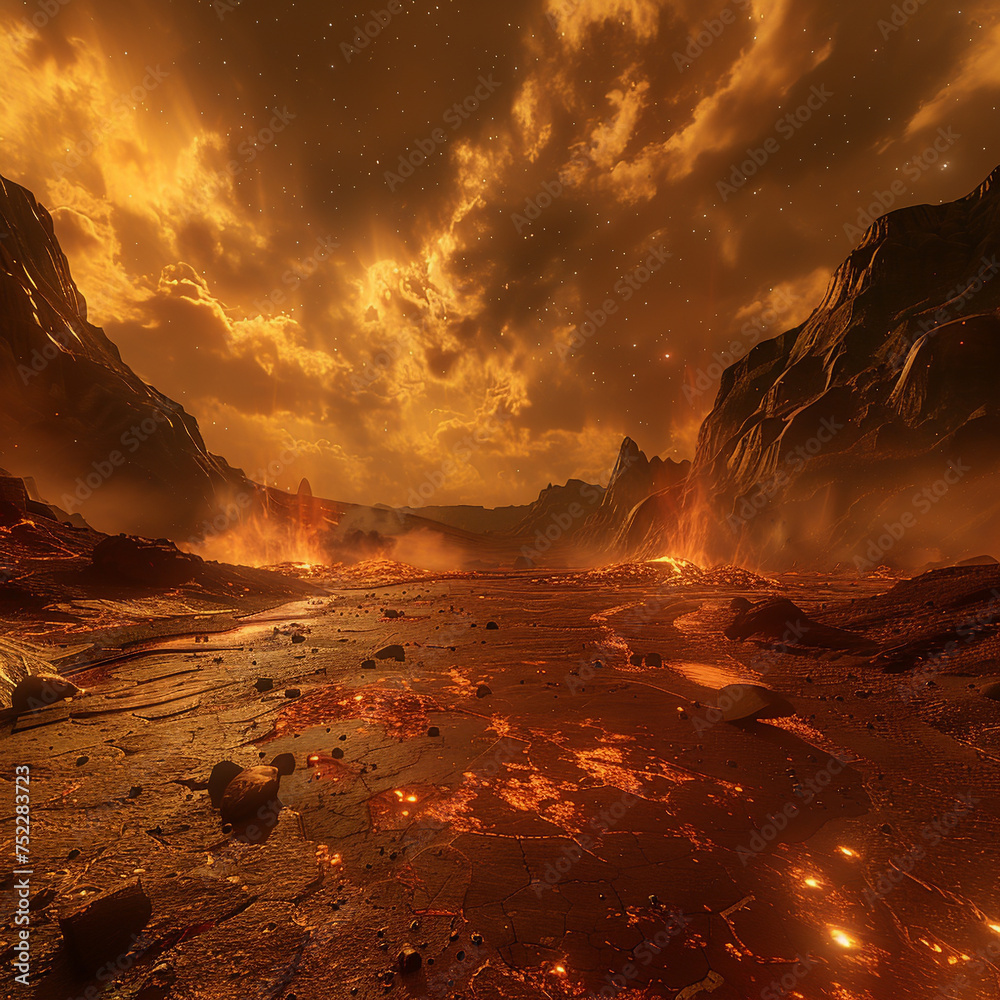 Fototapeta premium A virtual journey across a dark planet hellfire represents negative emotions controlled