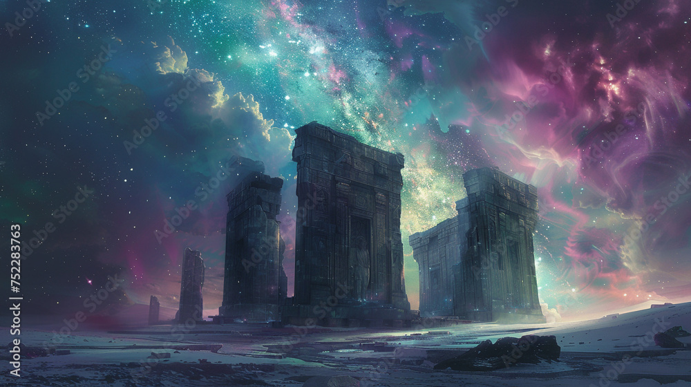 ancient ruins blessed by divine healing and Aurora Australis - obrazy, fototapety, plakaty 