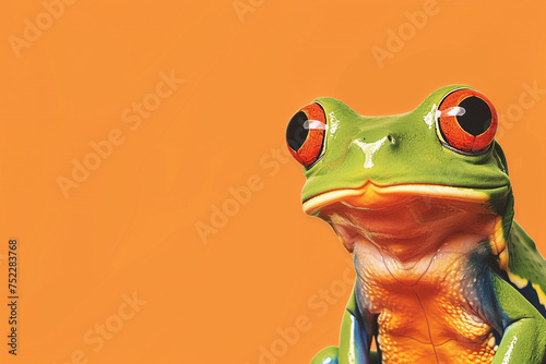frog or turtle cartoon illustration, graphic banner with orange background and copyspace photo
