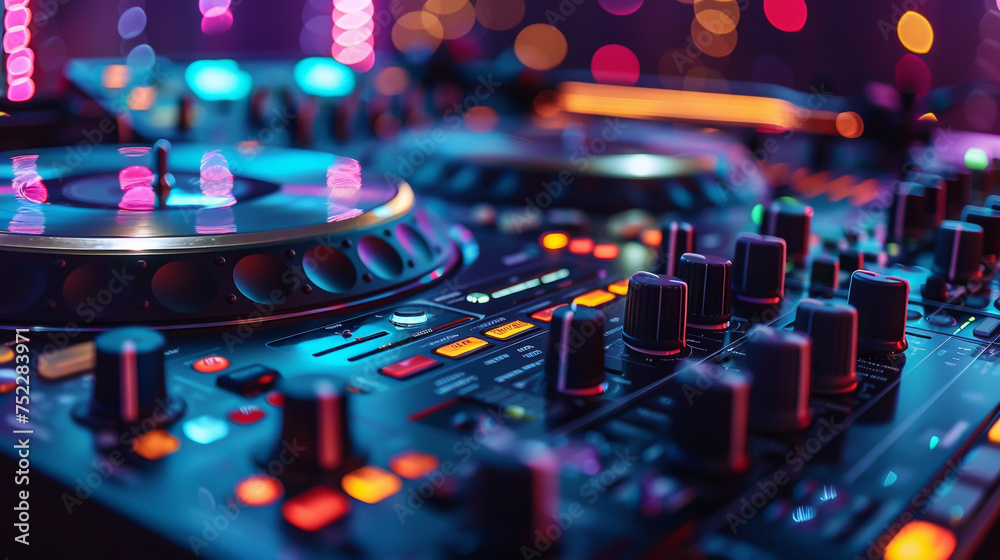 Obraz premium Club DJ in the mix colorful lights reflecting on turntables energy in motion