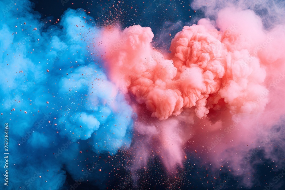 Vibrant pink and blue colored smoke creating an explosive abstract art piece