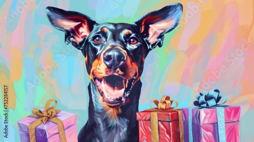 A painting depicting a dog surrounded by colorful presents on its birthday, showcasing a joyful celebration