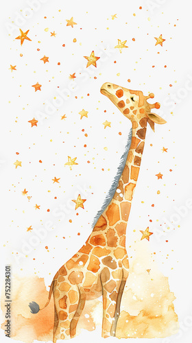 Giraffe reaching for watercolor stars dreamy night sky whimsical touch isolated white