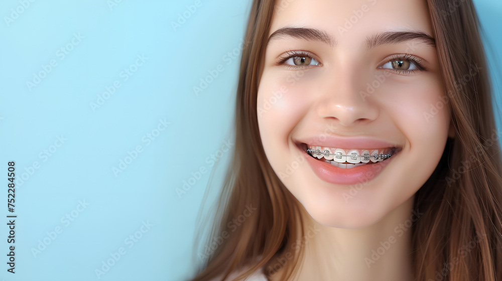 A smiling girl teenager with braces mouth, close up, space for text. The concept of modern dentistry. Generative AI A smiling girl teenager with braces mouth, close up, space for text. The concept of modern dentistry. Generative AI