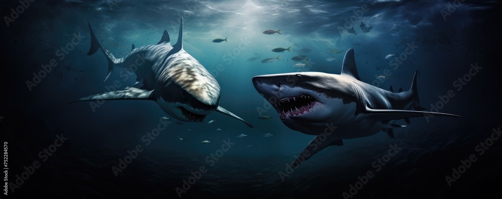 Fototapeta premium Bloodthirsty shark underwater ready to attack with dark and dramatic lighting.