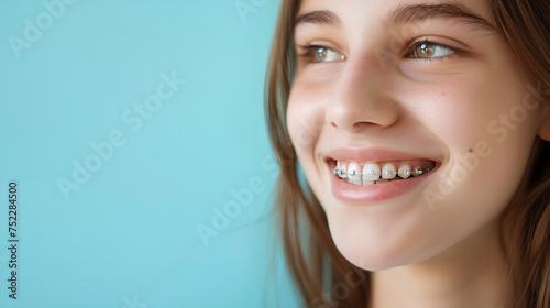 A smiling girl teenager with braces mouth, close up, space for text. The concept of modern dentistry. Generative AI