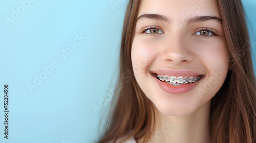 A smiling girl teenager with braces mouth, close up, space for text. The concept of modern dentistry. Generative AI