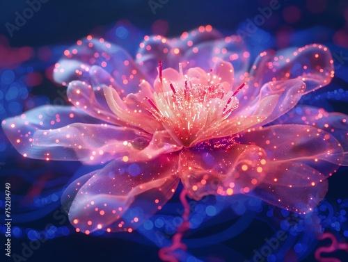 A digital artwork of a glowing neon flower with a bokeh background, symbolizing fantasy and technology blend. © cherezoff