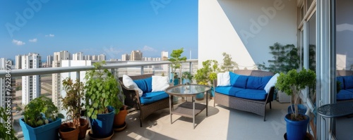 Spacious balcony of an apartment with flowers in pots and with amazing view.