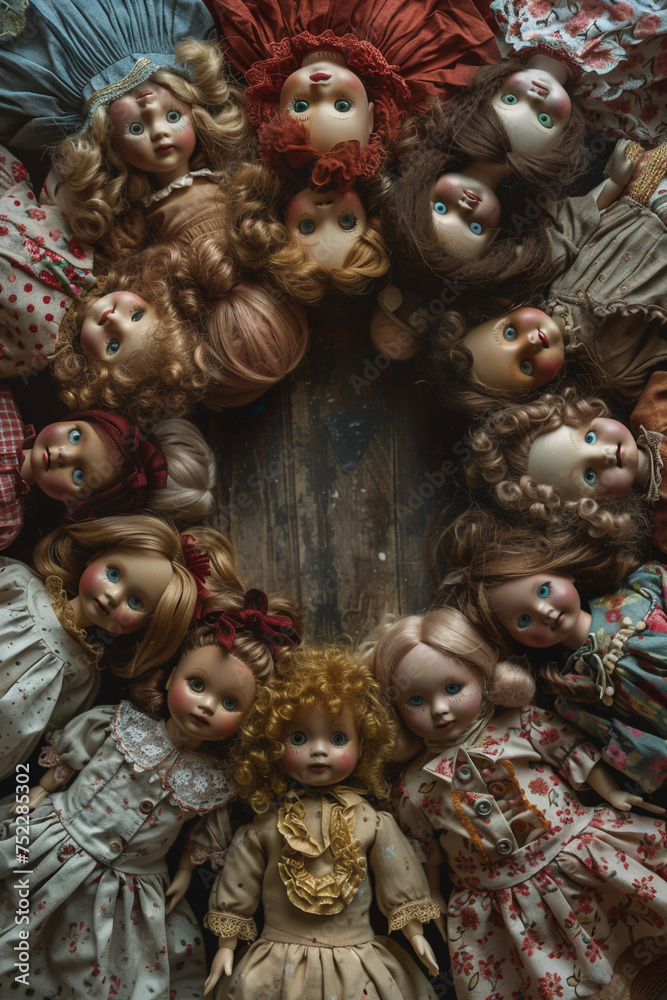 Creepy dolls arranged in a circle a sinister ritual left unfinished