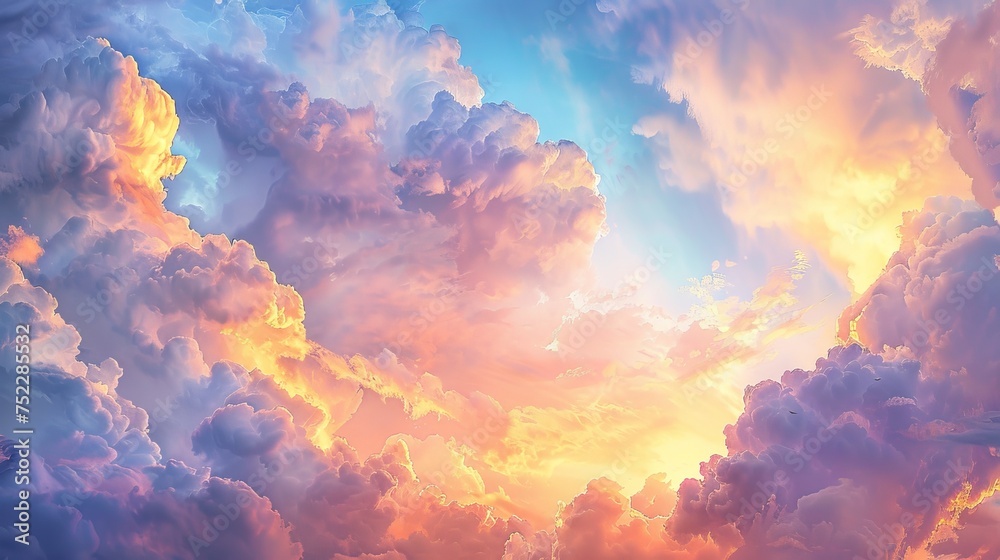 Sweeping panoramic skyscape at sunrise or sunset, filled with vibrant, soft-colored clouds