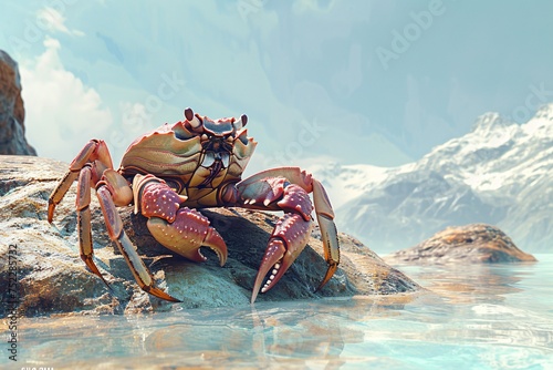 A vibrant image capturing a detailed crab perched atop a rock with a stunning, snowy mountain range and clear blue sky in the background