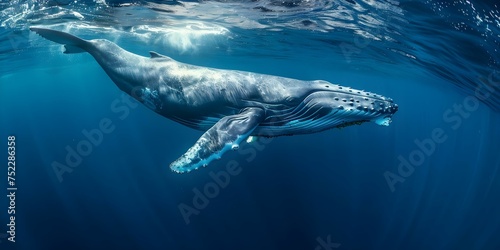 Majestic Blue Whale Swimming in the Ocean Depths with Professional Photo Copy Space. Concept Wildlife Photography, Marine Life, Underwater World, Ocean Conservation, Nature Conservation © Anastasiia