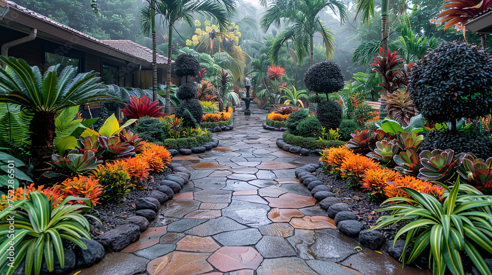 A winding stone pathway meanders through lush tropical plants and ...