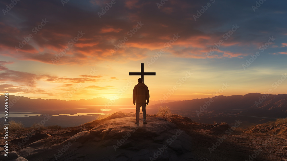 Easter Sunday concept: Silhouette family looking for the cross of Jesus Christ on autumn sunrise background - obrazy, fototapety, plakaty 