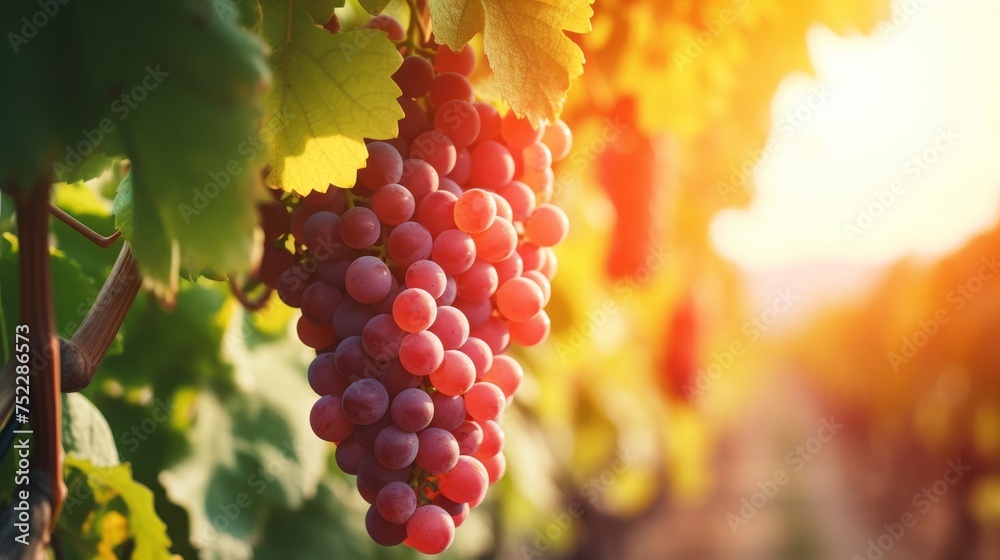 Detailed view of ripe grapes hanging on a vine branch in a picturesque vineyard setting - obrazy, fototapety, plakaty 