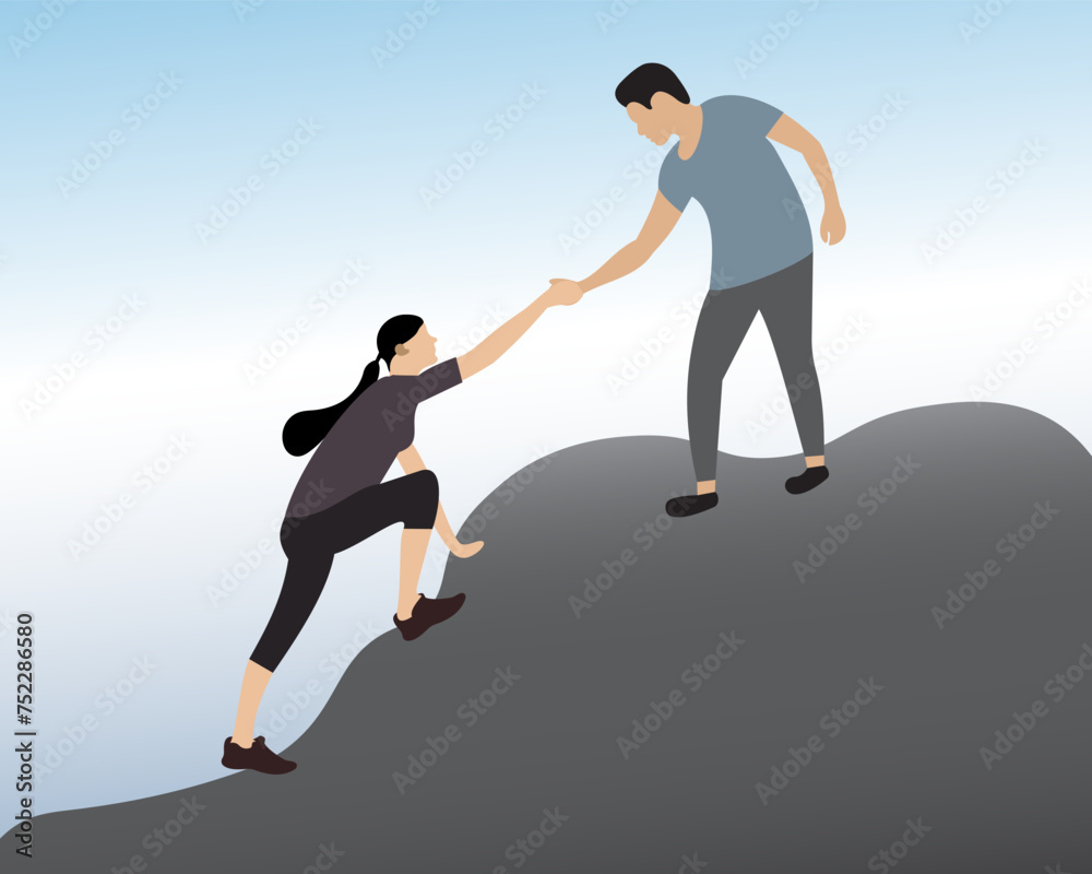 Men help women to climb hills. couple teamwork concept, physical strength. Flat Design Illustration vector