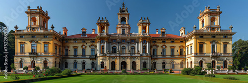 A grand  imposing building looms with countless windows and towering spires  exuding a sense of strength and magnificence