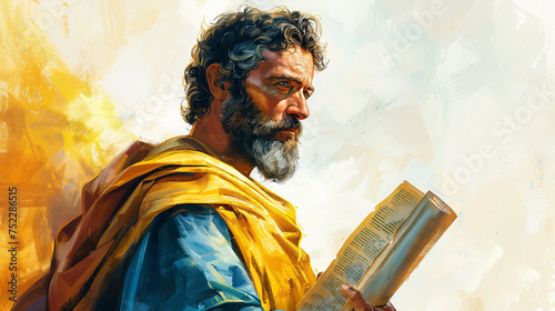 A contemplative figure with a manuscript, evoking the biblical Paul, set against a golden backdrop, captured in a detailed, painterly style. photo