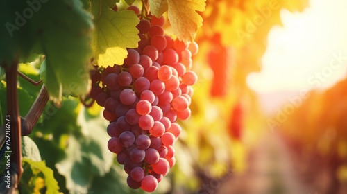 Detailed view of ripe grapes hanging on a vine branch in a picturesque vineyard setting