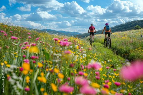 Two individuals joyfully ride bicycles through a vibrant field of blooming flowers under a sunny sky, surrounded by a colorful and enchanting landscape