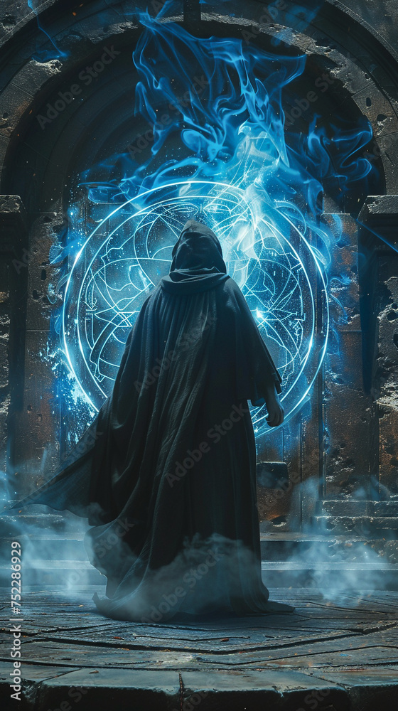Cloaked figure harnessing the power of invisibility ancient runes glowing