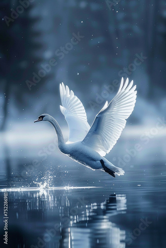 Swan in flight over a crystal lake wings touching the waters surface