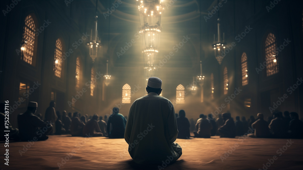 Muslim, praying and men with child in Mosque for spiritual religion ...