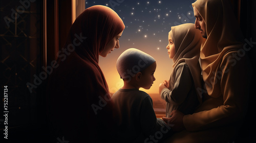 Family at window looking at Islamic city with mosque skyline, crescent moon and stars. Ramadan Kareem greeting. Muslim parents and children pray. Mother, father and kids celebrate end of fasting