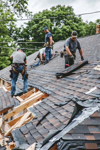 Roofers installing new shingles on a house