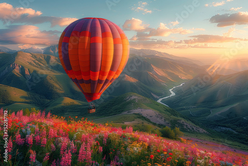 A vibrant hot air balloon gracefully glides above a verdant hillside  casting a colorful shadow on the lush green landscape below