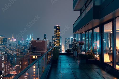 A luxury apartment with balcony outdoor lighting in a cityscape with a slate gray night sky