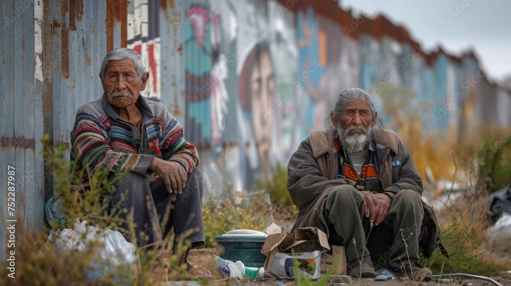 An elderly Mexican man and woman share a quiet moment of reflection in front of the border wall, surrounded by their few possessions