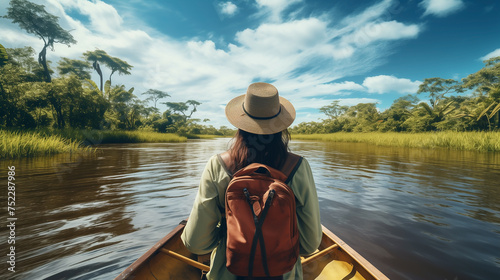 Woman with backpack swims on boat among river to meet her friends. Travel and active lifestyle, summer holiday concept. happy young woman tourist in asian hat on the boat at river © AK528