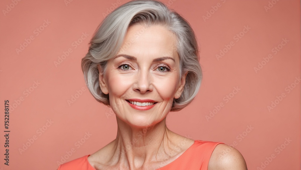 Vibrant portrait of an older woman with grey hair smiling in a bright orange top - obrazy, fototapety, plakaty 