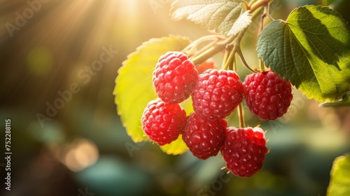 Ripe red raspberries on branch in garden from bright sunlight  free space for text