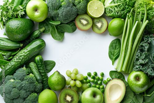 A green  assortment of fruits and vegetables arranged in a circular formation, showcasing a variety of colors, shapes, and textures