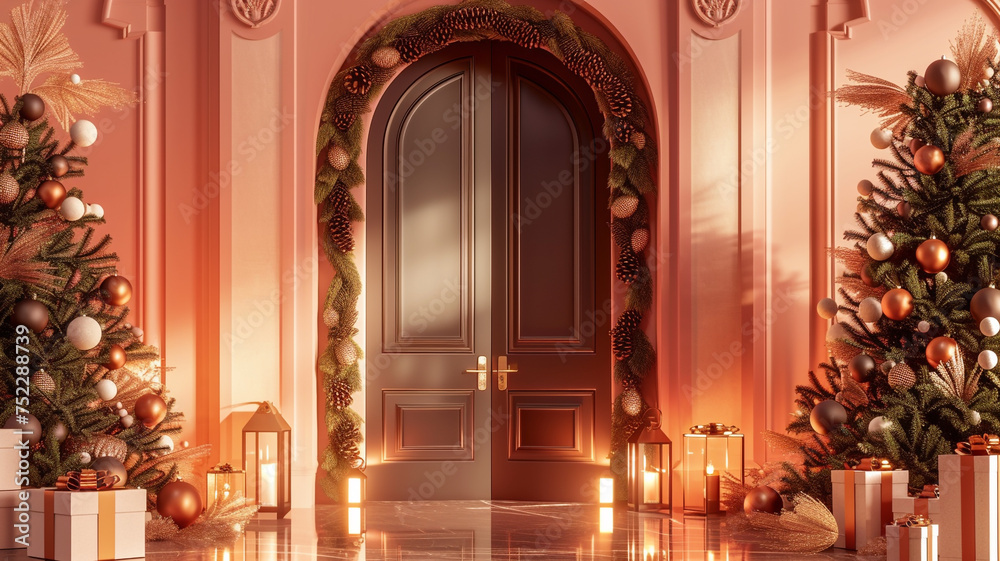 A mesmerizing 8K rendering of 3D double doors featuring Christmas lanterns and obsidian detailing, against a peach background