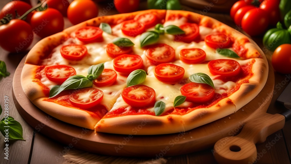 pizza on the table. basil leaves, cheese and tomatoes pizza on the table. basil leaves, cheese and tomatoes