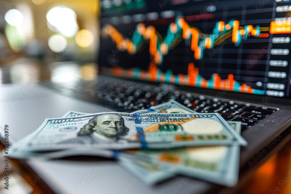 A blurred image of crumpled US dollar bills on a laptop keyboard with the focus on the stock trading graphs on the screen A blurred image of crumpled US dollar bills on a laptop keyboard with the focus on the stock trading graphs on the screen