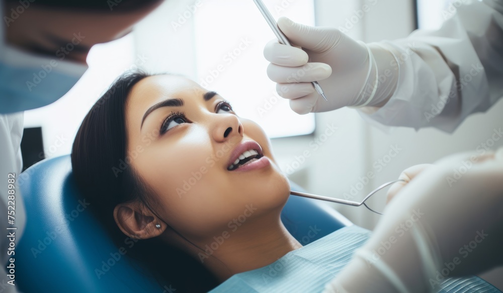 Fototapeta premium Happy woman getting dental checkup at dentistry. Dentist using dental equipment for examination of teeth of a female patient. Generative AI.