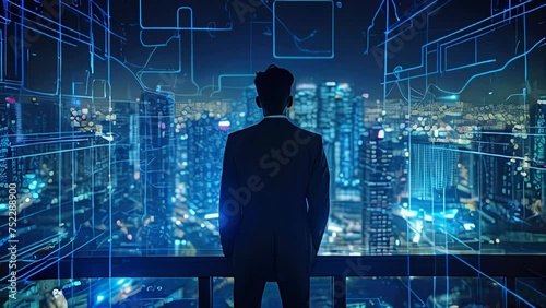 A modern, professional businessman is seen from behind in a futuristic city at night, surrounded by high-tech urban surroundings that convey progress, innovation, and forward-thinking. AI-generated. photo