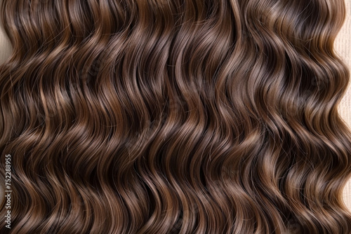 A close-up view of wavy chestnut-colored hair, showcasing the intricate patterns and textures of each strand as they cascade and interweave