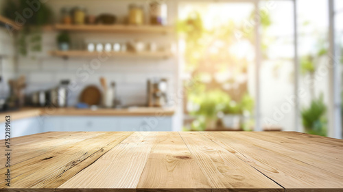 Empty wooden tabletop podium and blurred background window kitchen interior